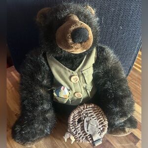 Retired Build a Bear Black Grizzly Fishing Bear with Fishing Basket included